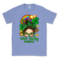 Colony Blue St. Patrick Messy Bun One Luck Mama With Clover Classic Tee - BundleAndBundleShop
