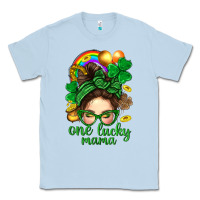 Dusty Blue St. Patrick Messy Bun One Luck Mama With Clover Classic Tee - BundleAndBundleShop