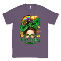 Lavender St. Patrick Messy Bun One Luck Mama With Clover Classic Tee - BundleAndBundleShop