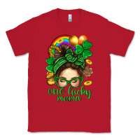 Red St. Patrick Messy Bun One Luck Mama With Clover Classic Tee - BundleAndBundleShop