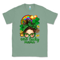 Sage St. Patrick Messy Bun One Luck Mama With Clover Classic Tee - BundleAndBundleShop