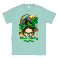 Seafoam St. Patrick Messy Bun One Luck Mama With Clover Classic Tee - BundleAndBundleShop