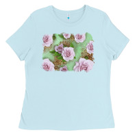 Baby Blue pink roses with leopard background Ladies Tee - LillyAllenDesigns