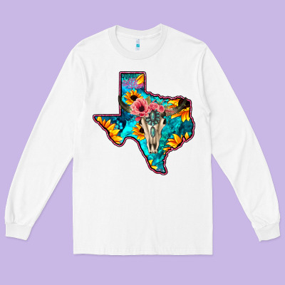 Western Sunflower, Rose, Gemstsone, Turquoise Bull Skull Long Sleeve Tee Designed By Bettercallsaul