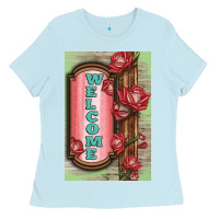 Baby Blue Western Red Roses Welcome Ladies Tee - LillyAllenDesigns