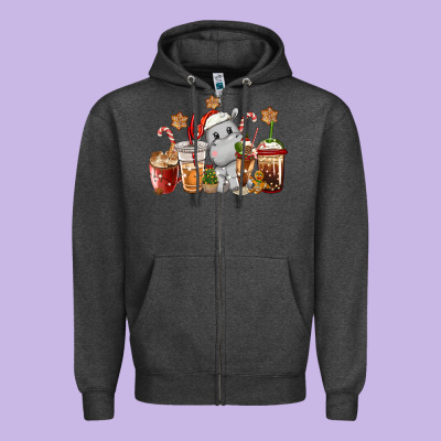 Hippopotamus Coffee Cups Christmas Zipper Hoodie Designed By Cowgirlartshop