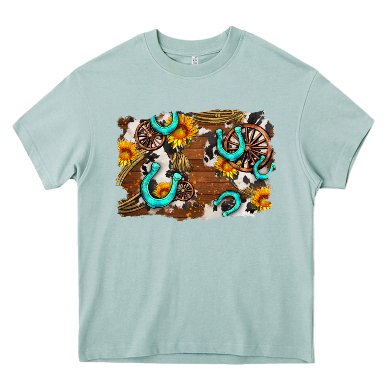 Western Cowhide Horseshoe Sunflower Background Heavy Core Tee by AdoDesignShop | Teevron