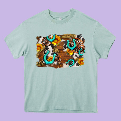 Western Cowhide Horseshoe Sunflower Background Heavy Core Tee Designed By Adodesignshop