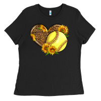 Black Softball Heart With Sunflowers Ladies Tee - LillyAllenDesigns