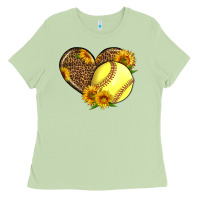Matcha Softball Heart With Sunflowers Ladies Tee - LillyAllenDesigns