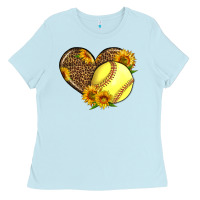 Baby Blue Softball Heart With Sunflowers Ladies Tee - LillyAllenDesigns