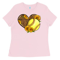 Bubblegum Pink Softball Heart With Sunflowers Ladies Tee - LillyAllenDesigns