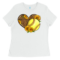 White Softball Heart With Sunflowers Ladies Tee - LillyAllenDesigns