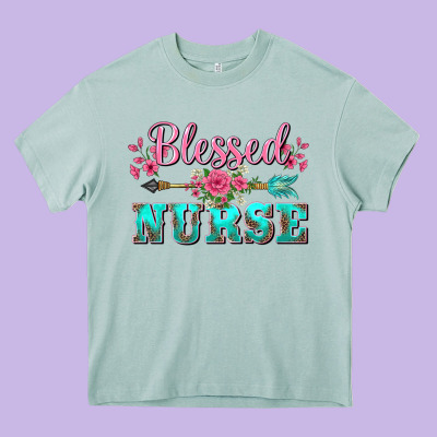 Western Blessed Nurse Pink Floral Arrow Heavy Core Tee Designed By Barkaloodesign