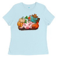 Baby Blue Hello fall pig Ladies Tee - RanaPortraitStore
