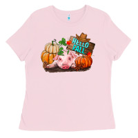 Bubblegum Pink Hello fall pig Ladies Tee - RanaPortraitStore