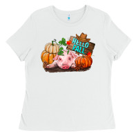 White Hello fall pig Ladies Tee - RanaPortraitStore