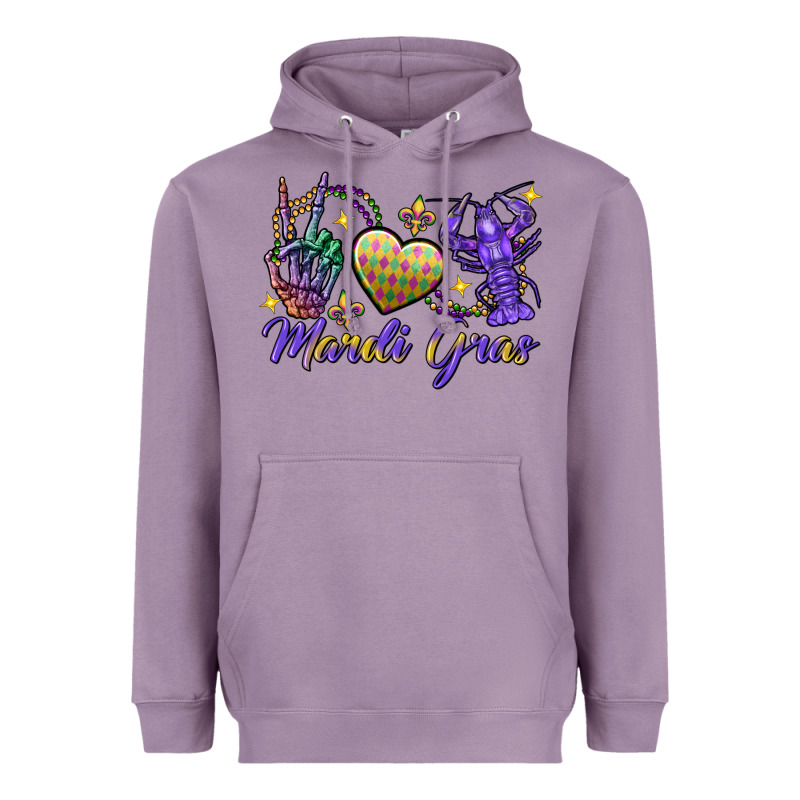 Peace Love Crawfish Mardi Gras Skeleton Hand Heavyweight Hoodie by FaDigitalArtStudio | Teevron