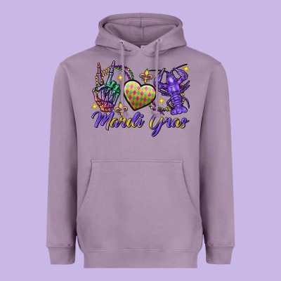 Peace Love Crawfish Mardi Gras Skeleton Hand Heavyweight Hoodie Designed By Fadigitalartstudio