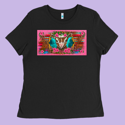 Western Baby Boer Goat Pink Flowers Serape Leopard Pink Glitter Patter Ladies Tee Designed By Barkaloodesign