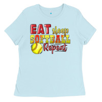 Baby Blue Eat Sleep Softball Repeat Ladies Tee - LillyAllenDesigns