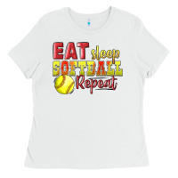 White Eat Sleep Softball Repeat Ladies Tee - LillyAllenDesigns