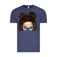 Vintage Denim Messy Bun Mom And Glitter Glasses Vintage Tee - BundleAndBundleShop