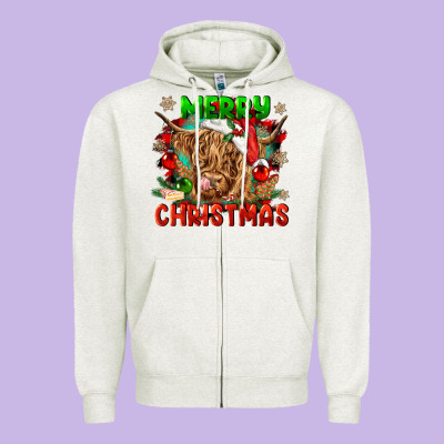 Merry Christmas Cow Zipper Hoodie Designed By Cowgirlartshop