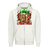 Oatmeal Heather merry christmas cow Zipper Hoodie - CowGirlArtShop