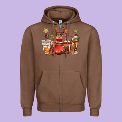 Christmas Reindeer Coffee Zipper Hoodie Designed By Cowgirlartshop