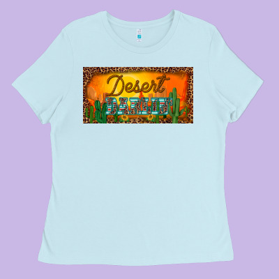 Western Desert Darlin Sunset Cactus Leopard Serape   License Plate Tem Ladies Tee Designed By Barkaloodesign