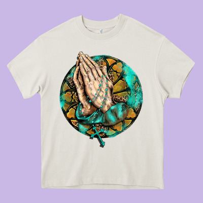 Western Praying Hands Prayer Rosary  Faith Cross Heavy Core Tee Designed By Barkaloodesign
