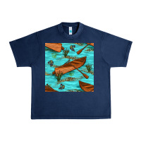 Navy Lake Canoe And Fish With Reeds And Leopard Seamless Pattern Bbs Urban Heavy Tee - BundleAndBundleShop