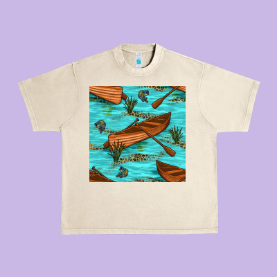 Lake Canoe And Fish With Reeds And Leopard Seamless Pattern Bbs Urban Heavy Tee Designed By Bundleandbundleshop