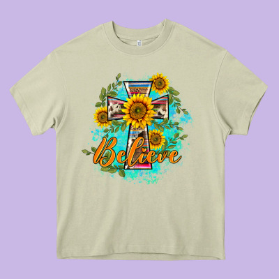 Western Belive Sunflowers Cross Heavy Core Tee Designed By Barkaloodesign