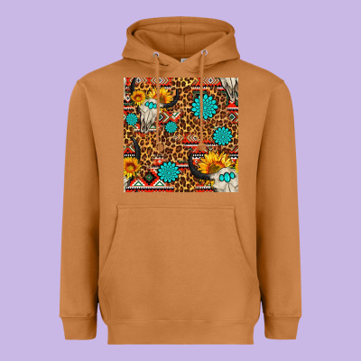 Western Aztec Bull Skull Seamless Pattern Heavyweight Hoodie Designed By Fadigitalartstudio