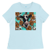 Baby Blue western black and white cow Ladies Tee - BarkalooDesign