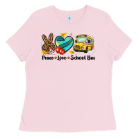 Bubblegum Pink peace love school bus Ladies Tee - NancyCooperArtShop