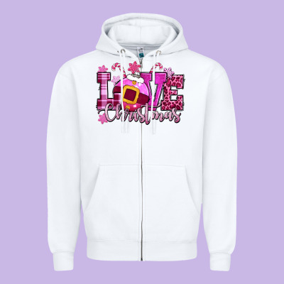 Love Christmas Pink Zipper Hoodie Designed By Cowgirlartshop