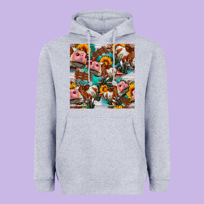Cow With Aztec And Sunflowers Seamless Pattern Heavyweight Hoodie Designed By Fadigitalartstudio