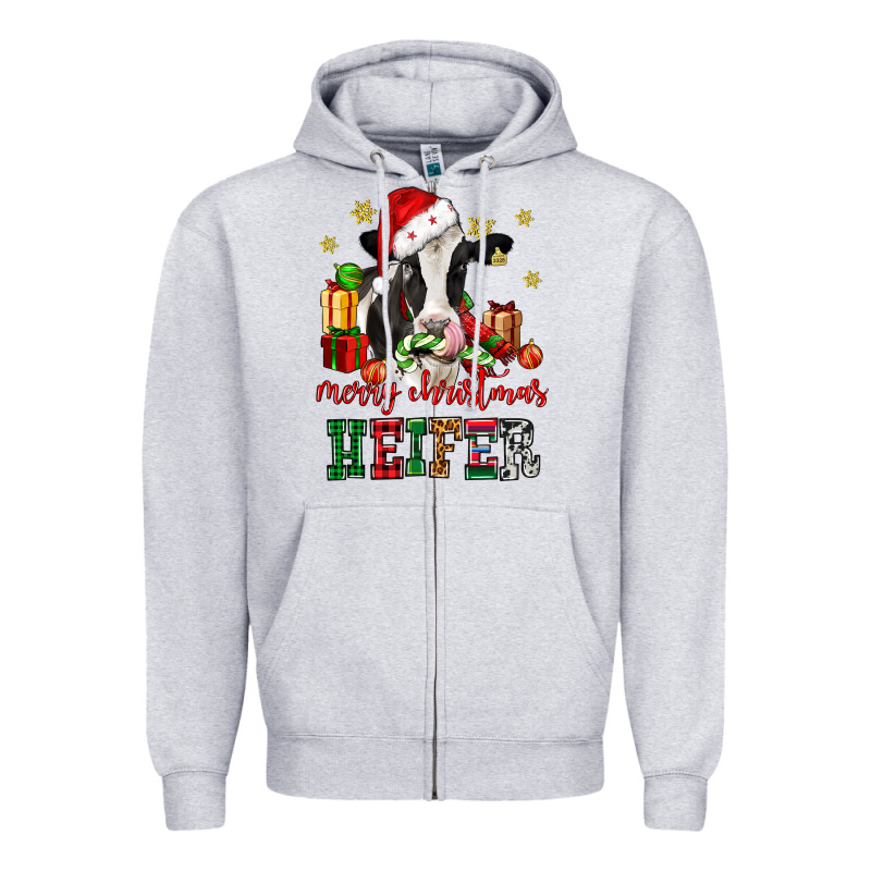 Merry Christmas Heifer Cow Zipper Hoodie by CowGirlArtShop | Teevron