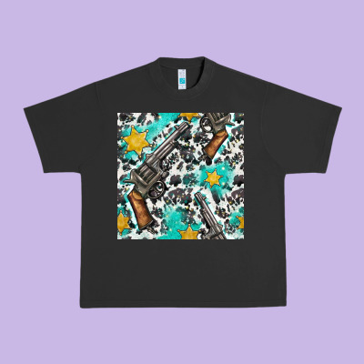 Western Gun And Sheriff Stars With Cowhide Seamless Pattern Urban Heavy Tee Designed By Bundleandbundleshop