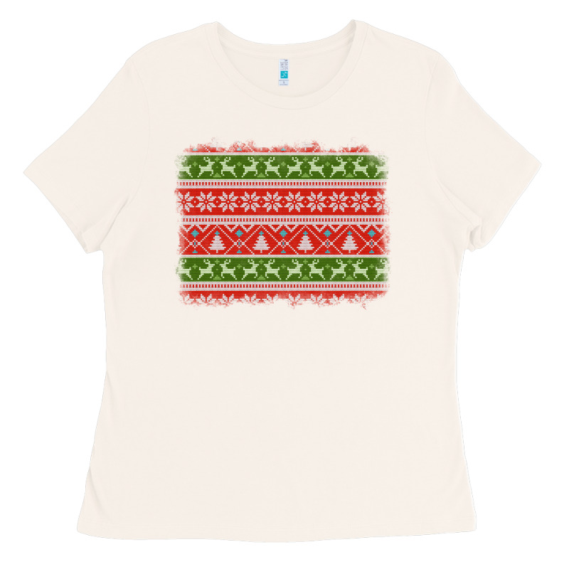 Knitted Christmas Reindeer Pine Tree Background Ladies Tee by Jasminsmagicworld | Teevron