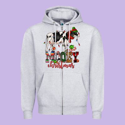Mooey Christmas Cow Zipper Hoodie Designed By Cowgirlartshop