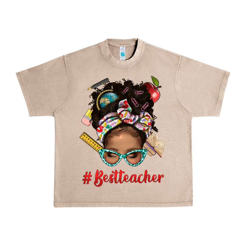 Afro Messy Bun Best Teacher With Leopard Glasses Bbs Urban Heavy Tee by BundleAndBundleShop | Teevron