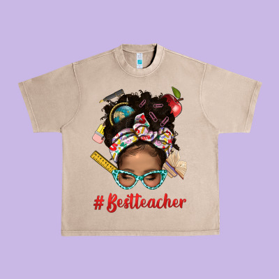 Afro Messy Bun Best Teacher With Leopard Glasses Bbs Urban Heavy Tee Designed By Bundleandbundleshop