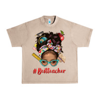 French Oak Afro Messy Bun Best Teacher With Leopard Glasses Bbs Urban Heavy Tee - BundleAndBundleShop