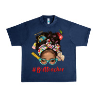 Navy Afro Messy Bun Best Teacher With Leopard Glasses Bbs Urban Heavy Tee - BundleAndBundleShop