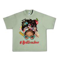 Oil Green Afro Messy Bun Best Teacher With Leopard Glasses Bbs Urban Heavy Tee - BundleAndBundleShop