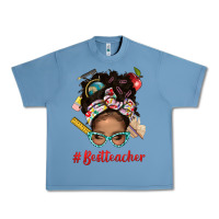 Pebble Blue Afro Messy Bun Best Teacher With Leopard Glasses Bbs Urban Heavy Tee - BundleAndBundleShop